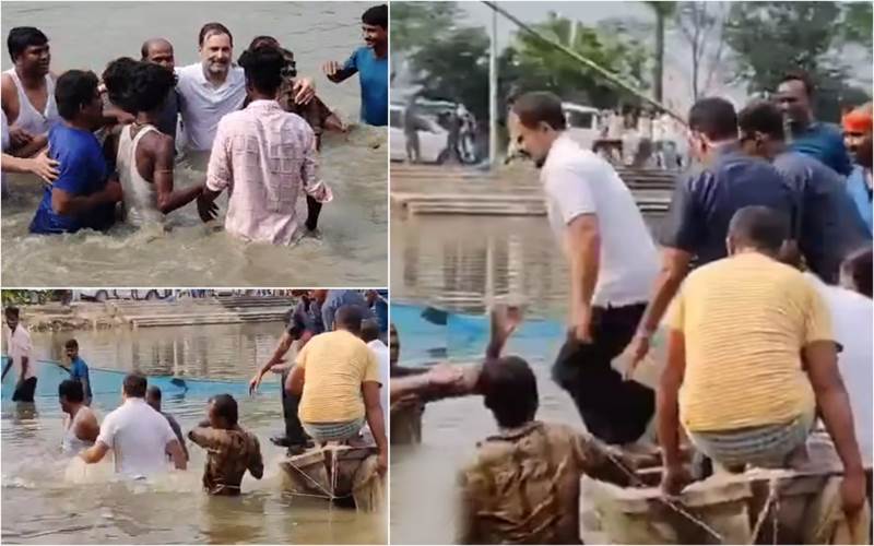 راہل گاندھی نے تالاب میں لگائی چھلانگ، مکیش سہنی اور کنہیا کمار کے ساتھ بیگوسرائے میں پکڑی مچھلیاں  